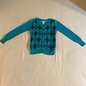 Kids green and blue argyle button-up sweater. Size 6/6x/S.
